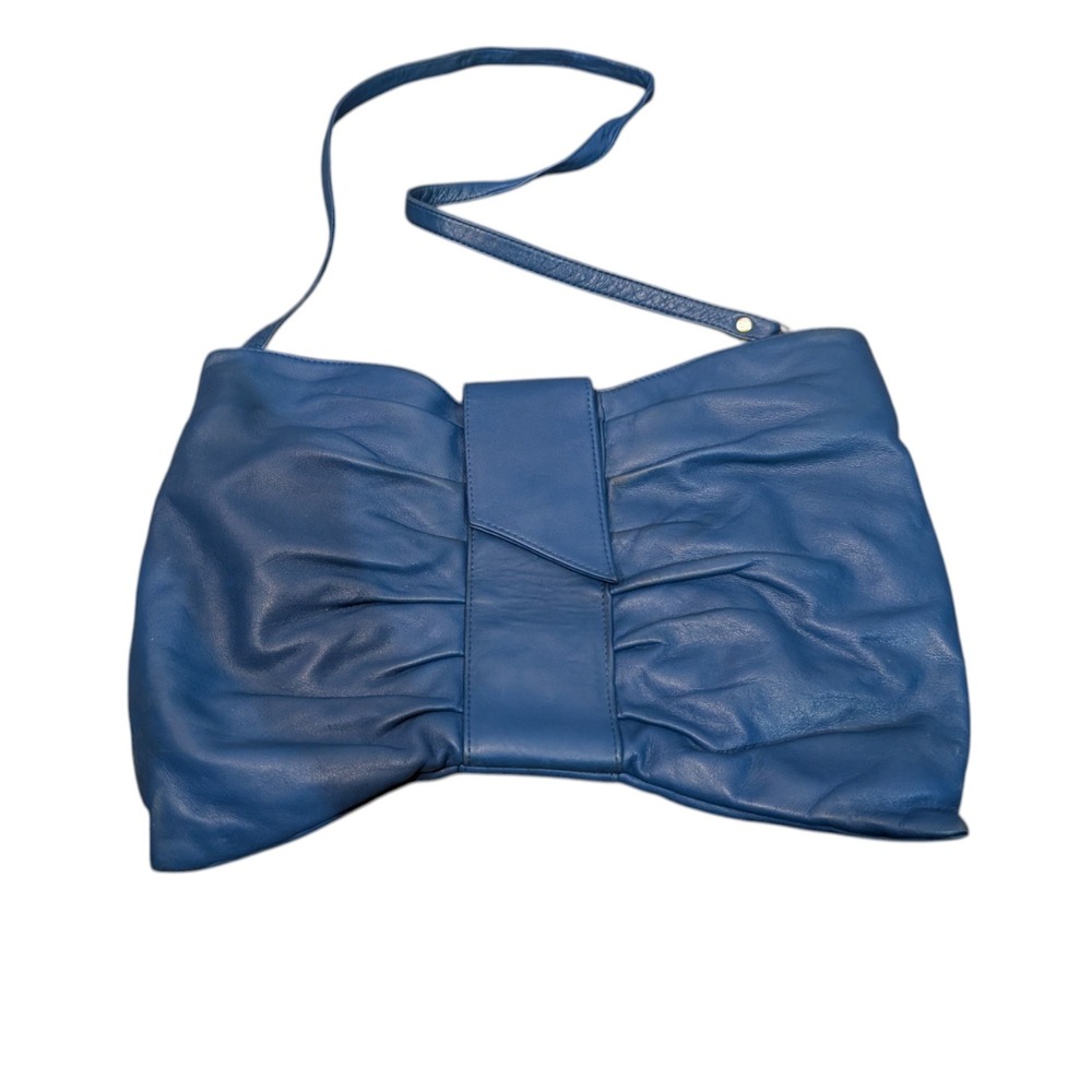 Vintage Brio Blue Leather Bow‎ Shoulder Bag Ruched Crossbody Purse